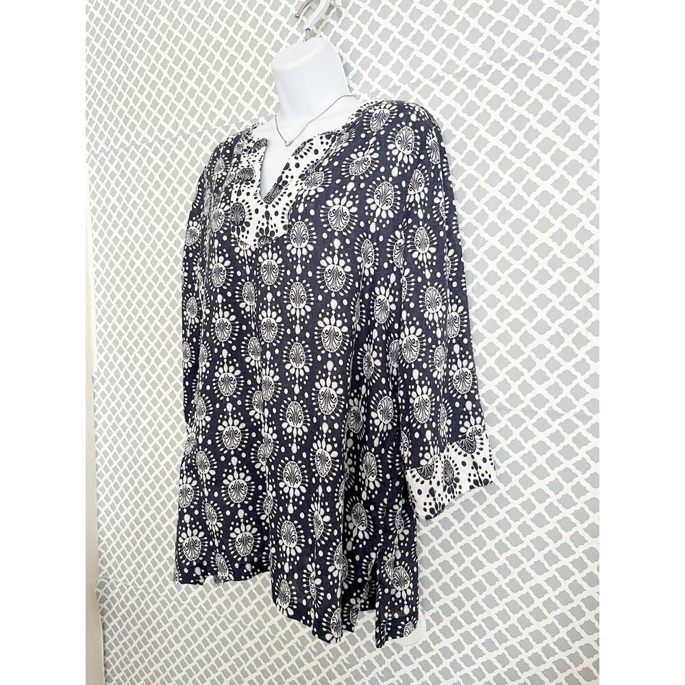 Sigrid Olsen Linen Tunic Blouse Navy White Boho Coastal L - Picture 4 of 8